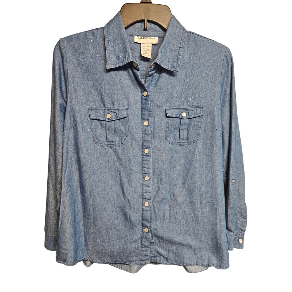 C.D. Petites Women Blue Denim Sparkle Button Down Shirt Roll Tab Sleeve PL